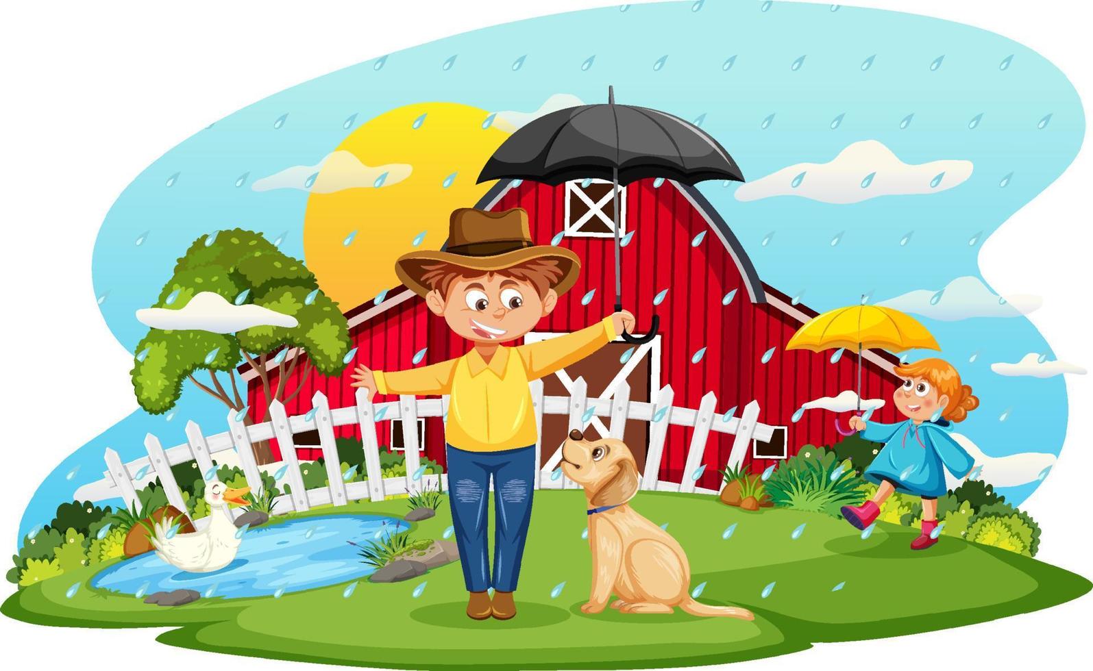 scena di fattoria piovosa con personaggio dei cartoni animati vettore