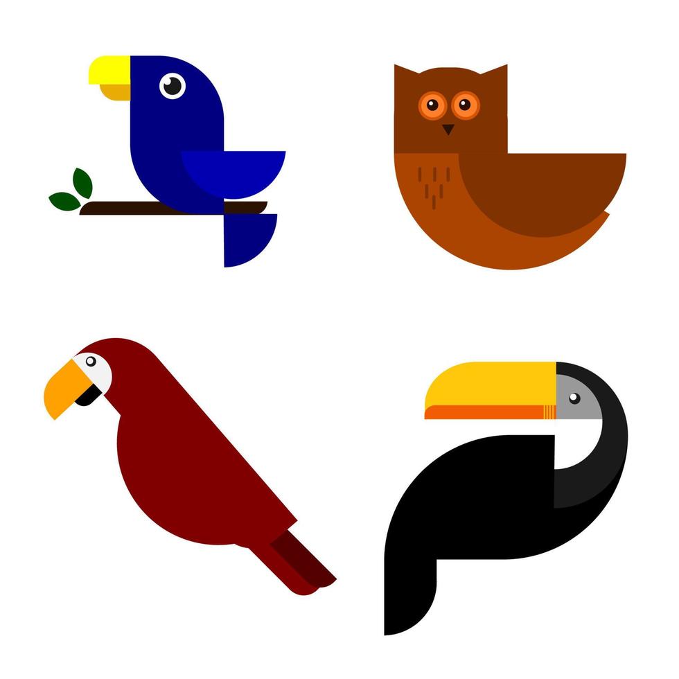 set di illustrazioni di uccelli vettoriali, diverse specie di uccelli. gufo, tucano, pappagallo, vettore semplice geometrico e colorato.
