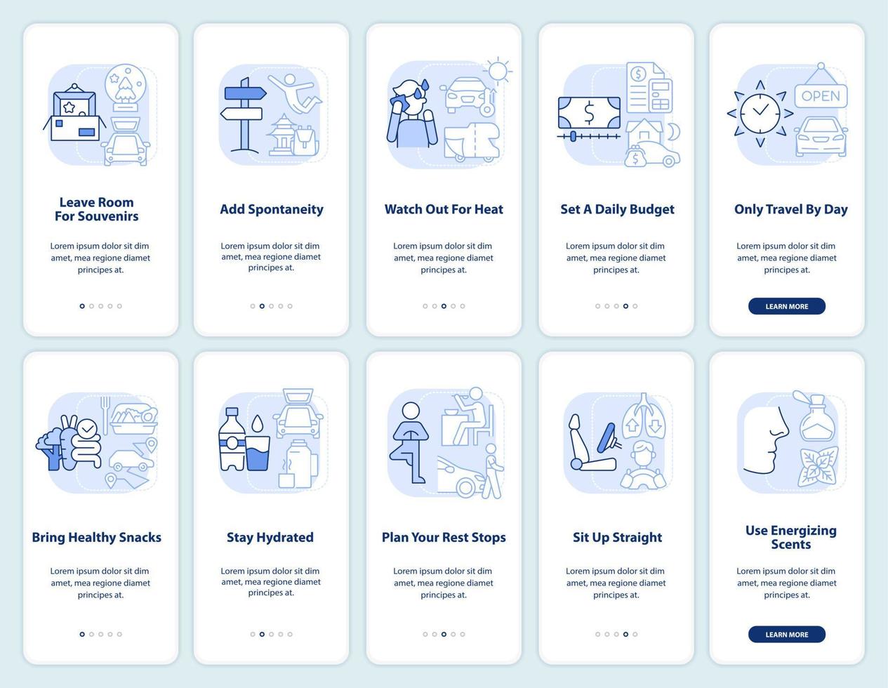 set di schermate dell'app mobile per l'onboarding blu chiaro per il viaggio su strada confortevole. procedura dettagliata 5 passaggi istruzioni grafiche modificabili con concetti lineari. ui, ux, modello gui. vettore