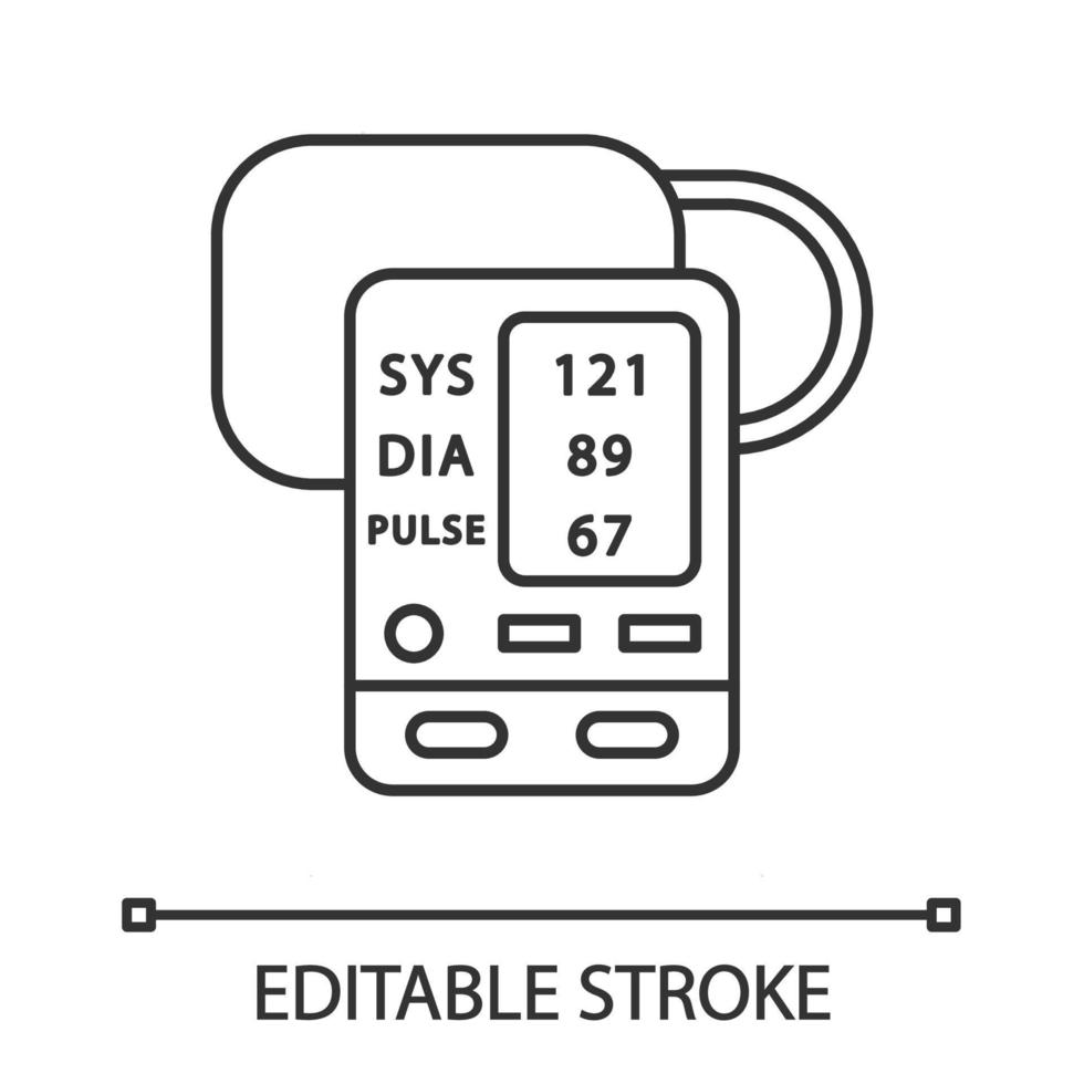 icona lineare del monitor della pressione sanguigna del braccio digitale. ossimetro. polso, dispositivo medico per il controllo della frequenza cardiaca. illustrazione al tratto sottile. simbolo di contorno. disegno di contorno isolato vettoriale. tratto modificabile vettore