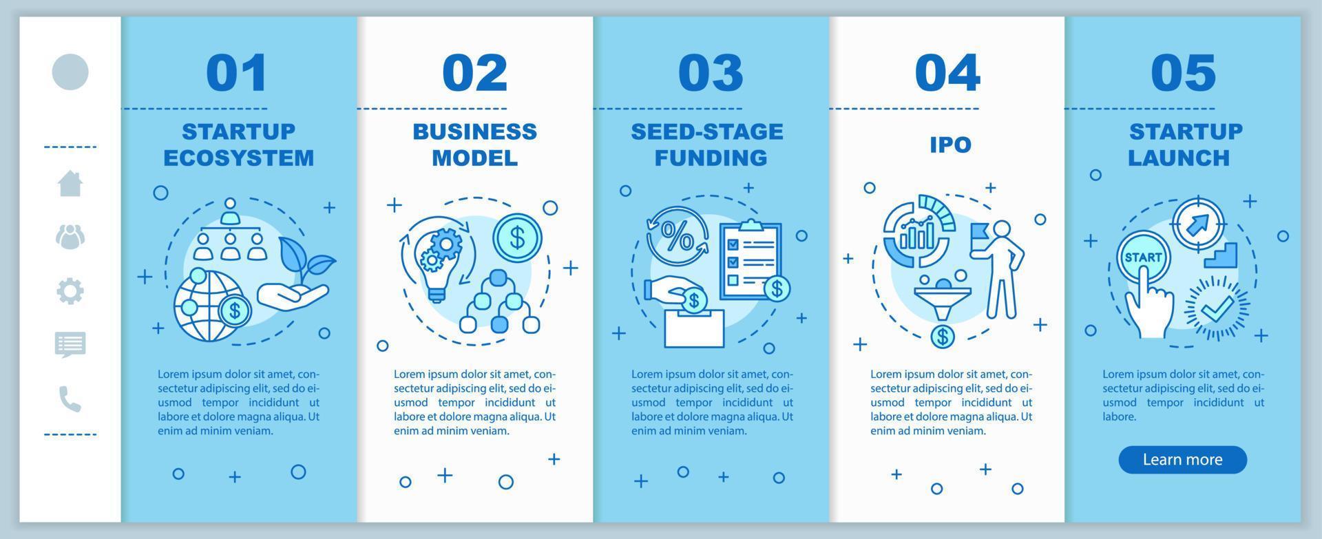 avvio del modello vettoriale di pagine Web mobili per l'onboarding. creazione d'impresa. idea di interfaccia del sito Web per smartphone reattiva con illustrazioni lineari. schermate dei passaggi della procedura guidata della pagina Web. concetto di colore