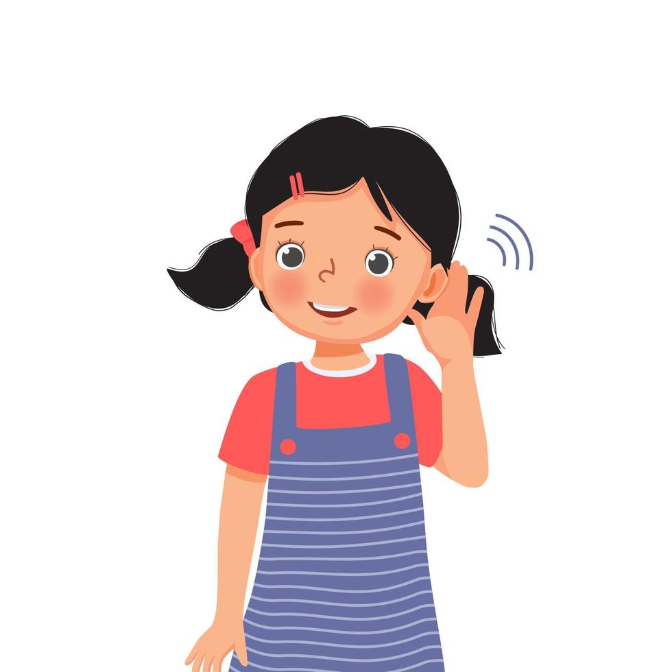 bambina carina con problemi di udito prova ad ascoltare attentamente mettendo la mano all'orecchio vettore