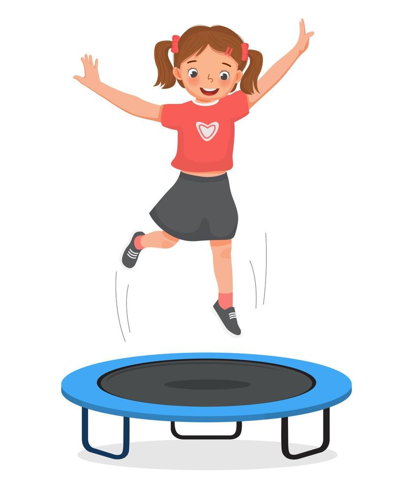 bambina felice che salta su un trampolino divertendosi a giocare ad attività sportive all'aperto vettore