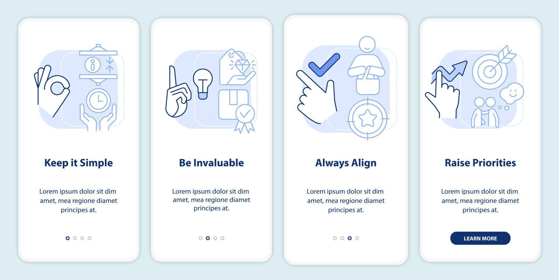 componenti della comunicazione azzurro onboarding schermo dell'app mobile. procedura dettagliata 4 passaggi istruzioni grafiche modificabili con concetti lineari. ui, ux, modello gui. vettore