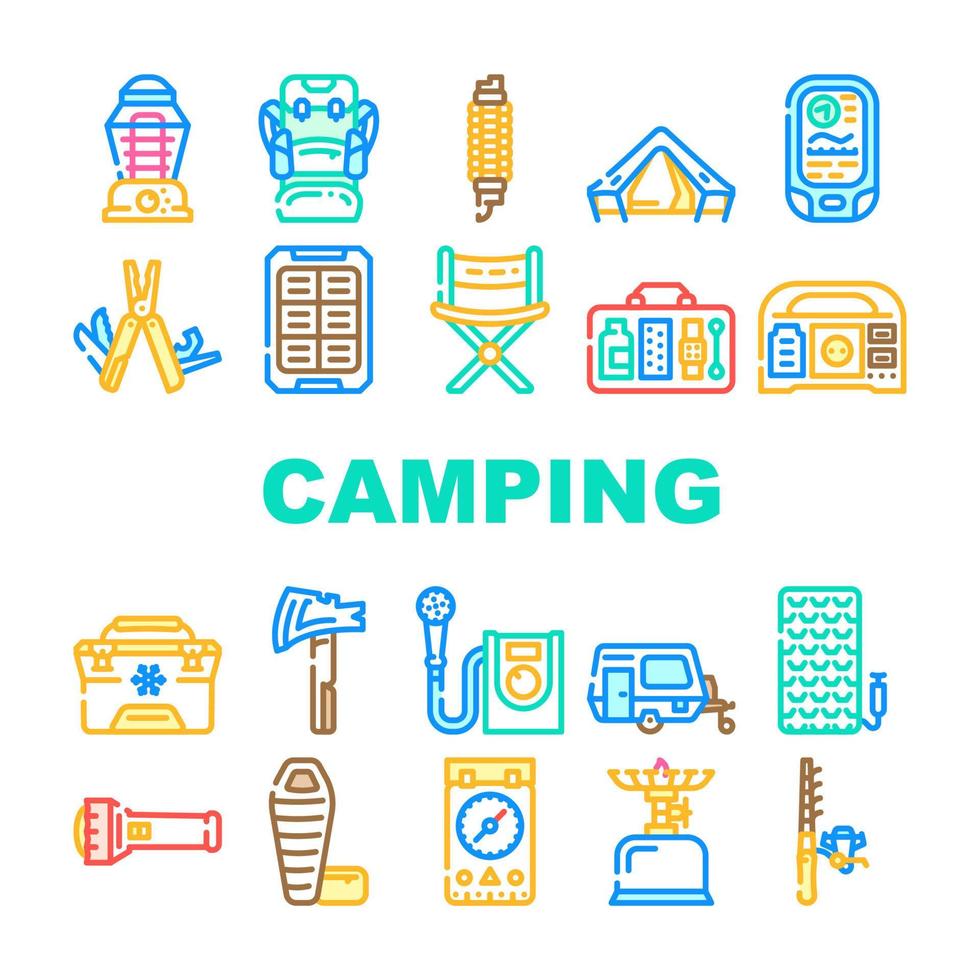 campeggio escursionista strumento e gadget icone set vettoriale