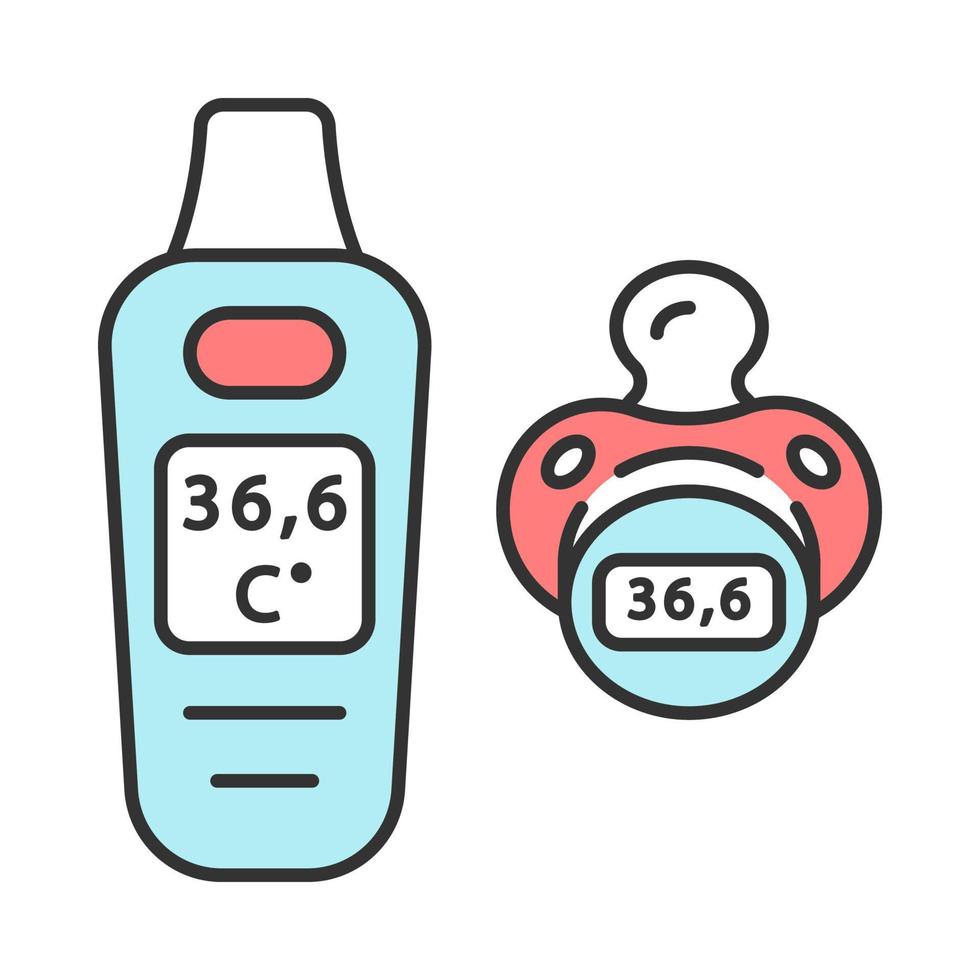 icona del colore del termometro del ciuccio digitale. misurazione della temperatura corporea. termometro per capezzoli della bocca del bambino. temperatura corporea normale sul display. apparecchiature diagnostiche domiciliari. illustrazione vettoriale isolata