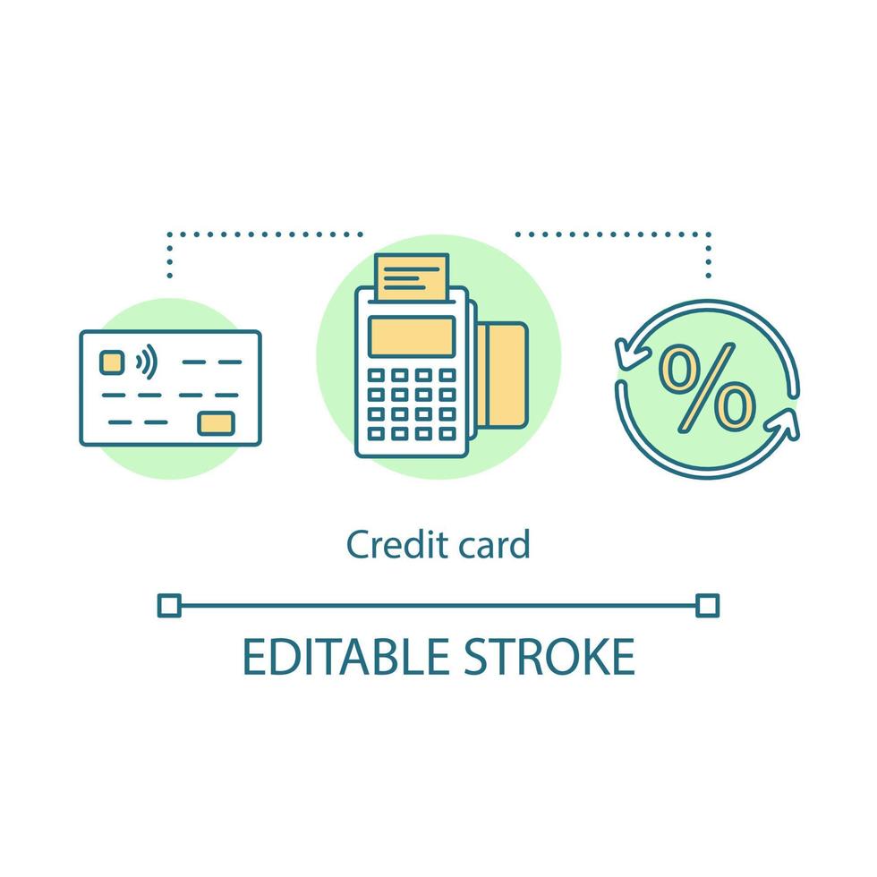 icona del concetto di carta di credito. vantaggi di pagamento con carta. terminale di pagamento. e-banking. rimborso. illustrazione della linea sottile dell'idea dei bonus senza contanti. disegno di contorno isolato vettoriale. tratto modificabile vettore