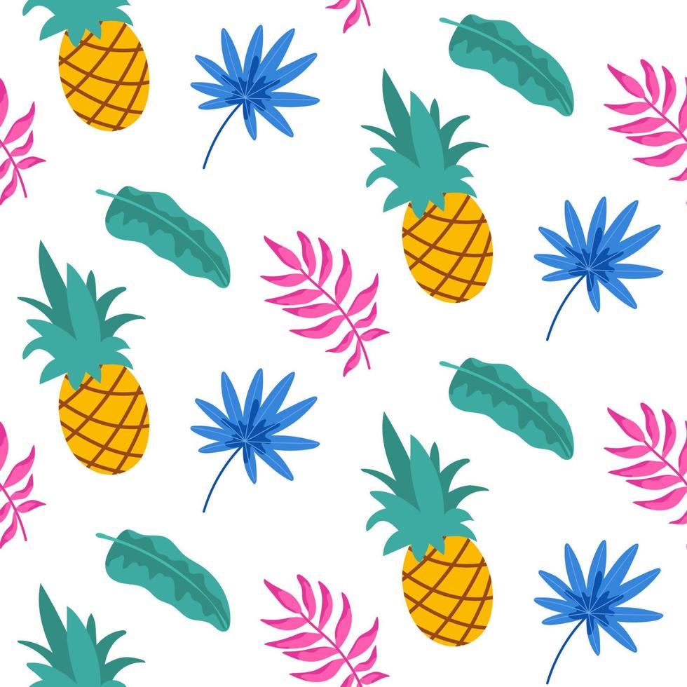 modello senza cuciture tropicale disegnato a mano con foglie di palma e ananas isolati su sfondo bianco. illustrazione vettoriale