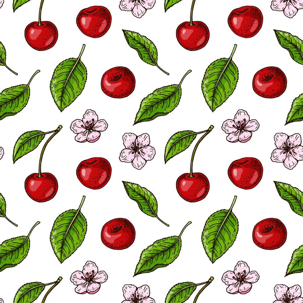 modello senza cuciture colorato disegnato a mano con bacche di ciliegio e fiori. illustrazione vettoriale in stile schizzo colorato