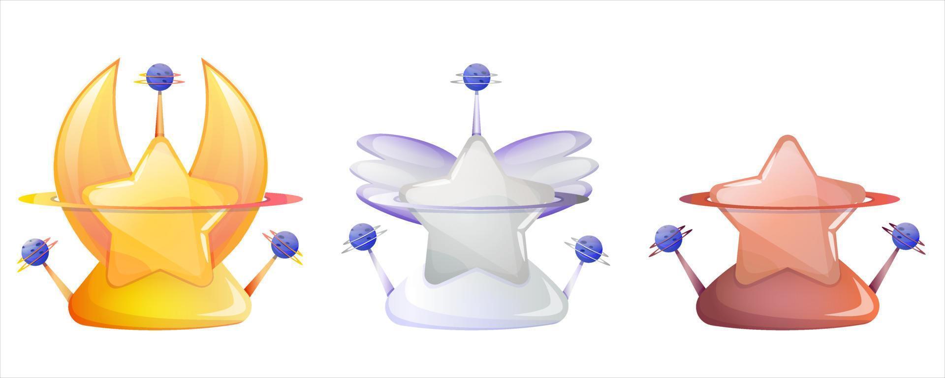 grado di gioco, valutazione a stelle per il completamento dei livelli. stella d'oro, argento e bronzo con pianeti per la progettazione dell'interfaccia utente del gioco spaziale. illustrazione vettoriale dei cartoni animati. premio per salire di livello