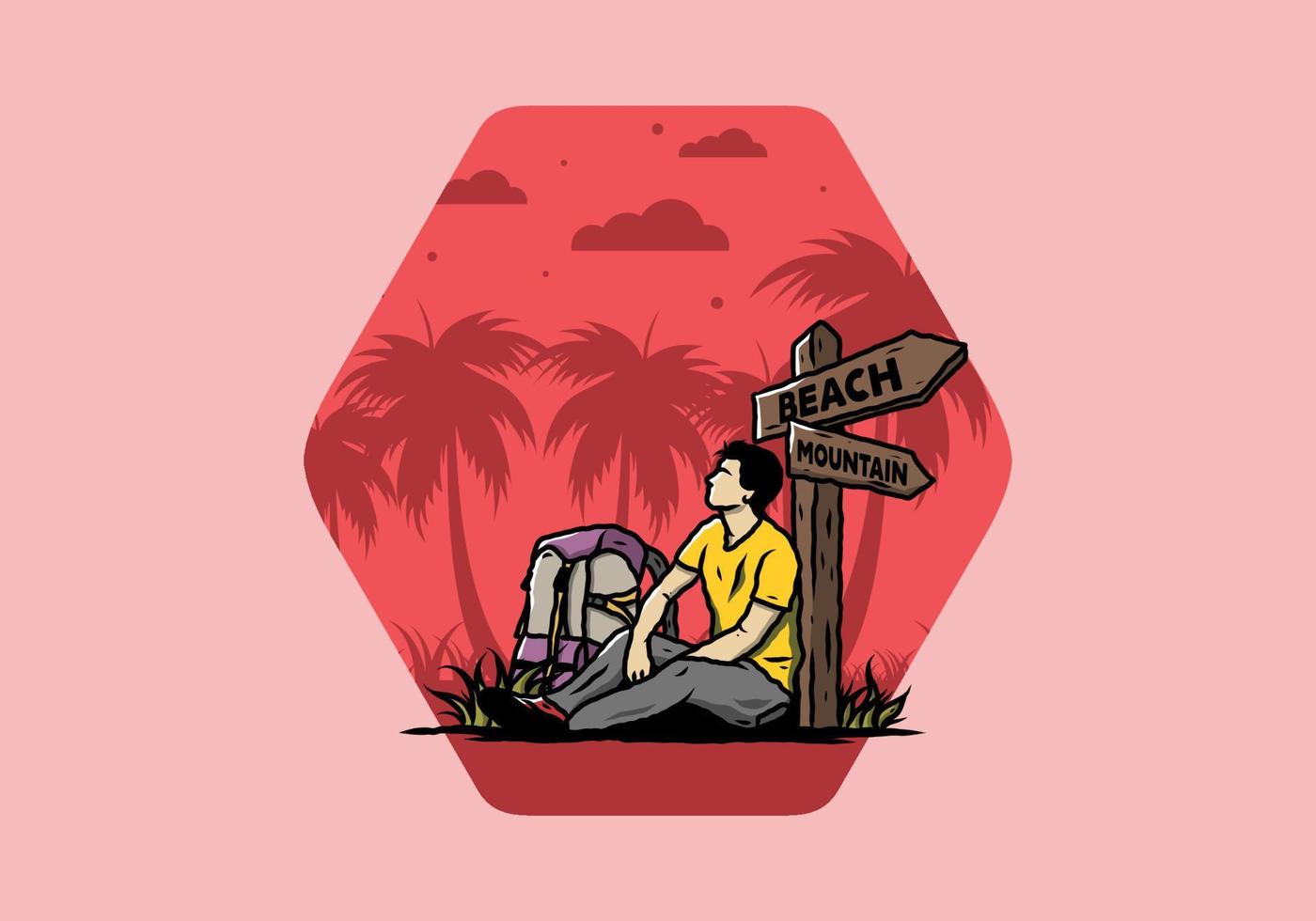 l'uomo si siede per terra accanto all'illustrazione della spiaggia e della montagna del segno della strada vettore