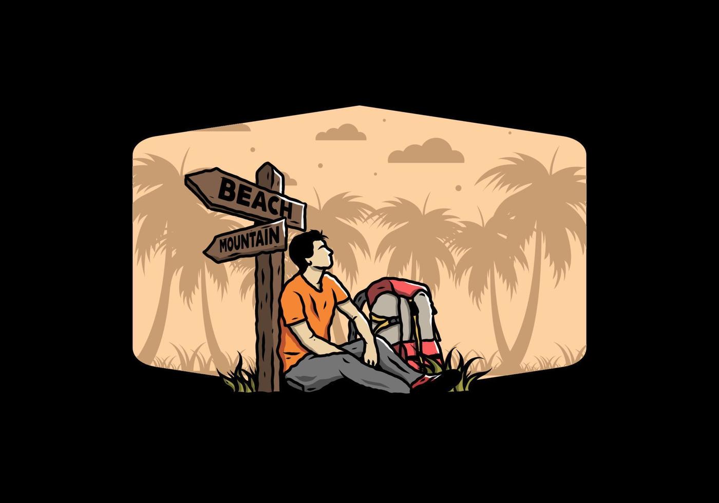 l'uomo si siede per terra accanto all'illustrazione della spiaggia e della montagna del segno della strada vettore