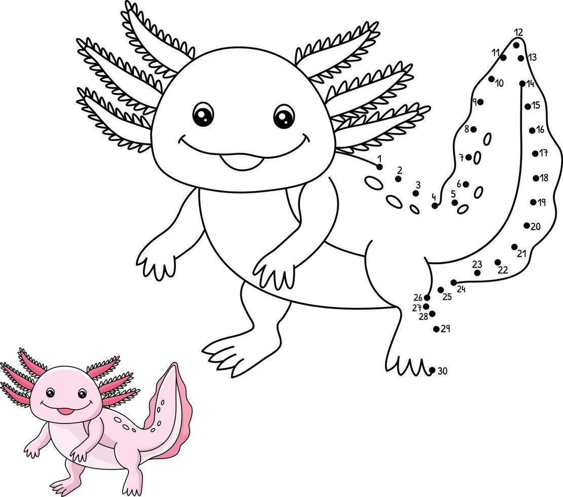 Pagina da colorare punto a punto axolotl per bambini vettore