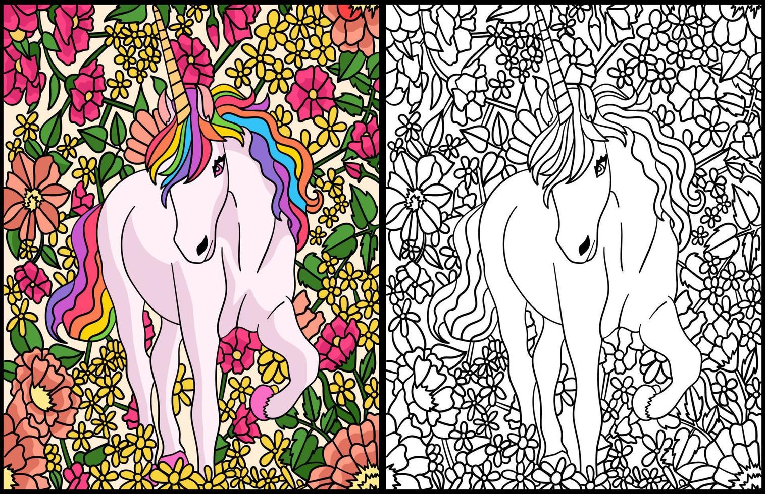 Pagina da colorare di fiori di unicorno per adulti colorati vettore