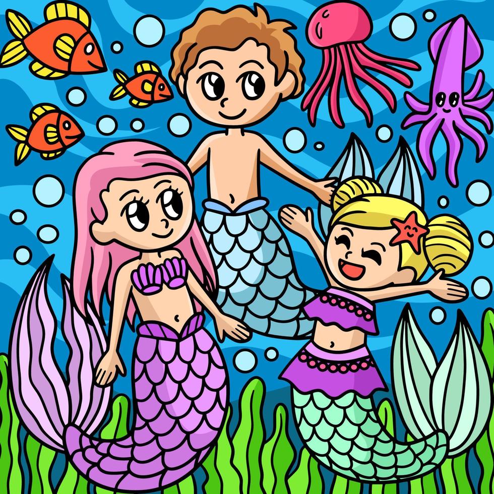 illustrazione del fumetto colorato della famiglia della sirena vettore