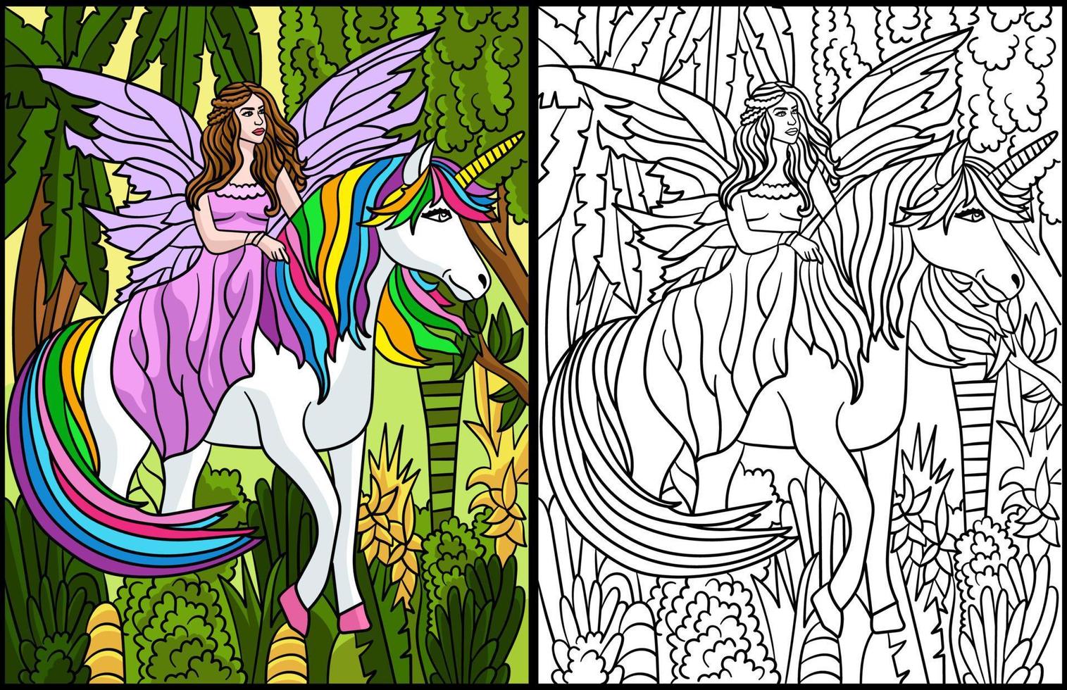 Pagina da colorare di fata e unicorno per adulti colorati vettore
