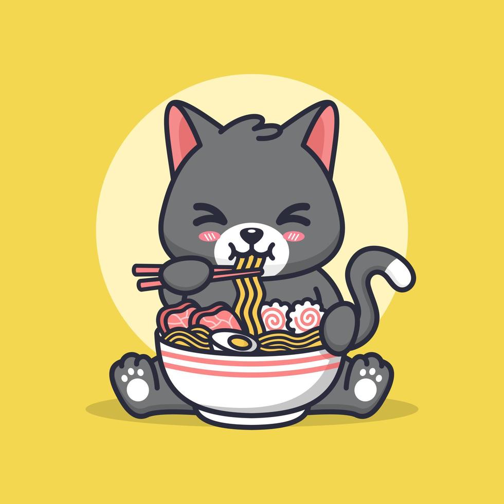 gatto che mangia ramen illustrazione carina vettore