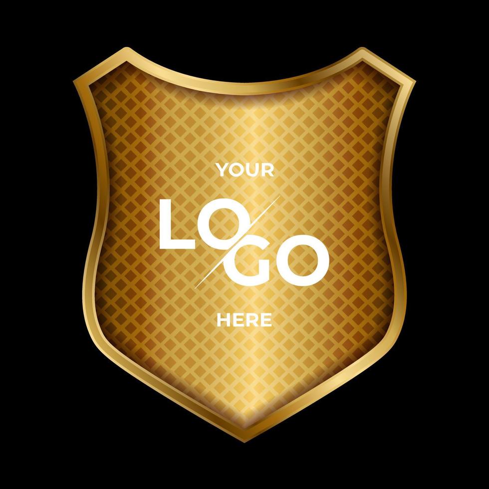 Scudo in oro 3d per porta logo con etichetta vuota e stella. simbolo di sicurezza, potere, protezione. illustrazione vettoriale di design grafico scudo forma distintivo