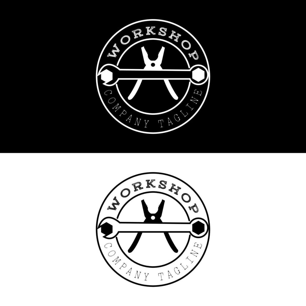 design del logo mobile del meccanico e dell'officina in un semplice badge con chiave a ingranaggi vettore