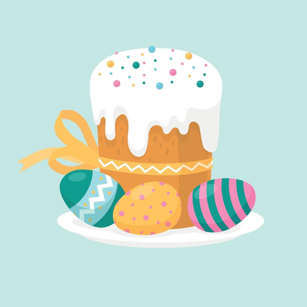 vacanze di Pasqua. torta di pasqua e uova colorate su un piatto. immagine vettoriale. vettore