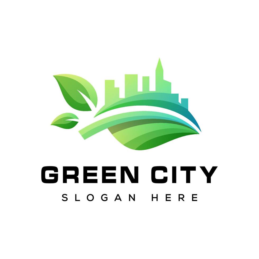 logo verde della foglia della città, costruzione della natura con il modello del logo della foglia fresca vettore