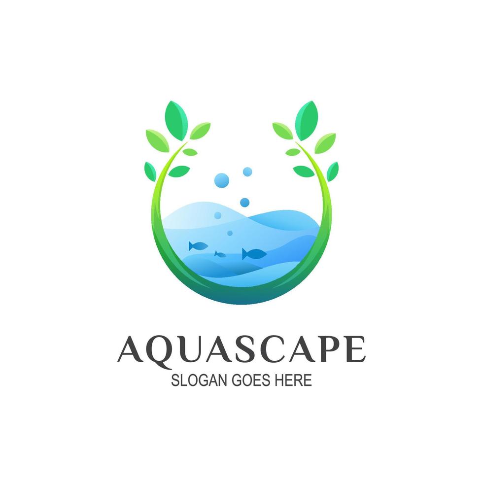 aquascape logo design premium, logo dell'acqua naturale, logo dell'onda fresca con pesce vettore