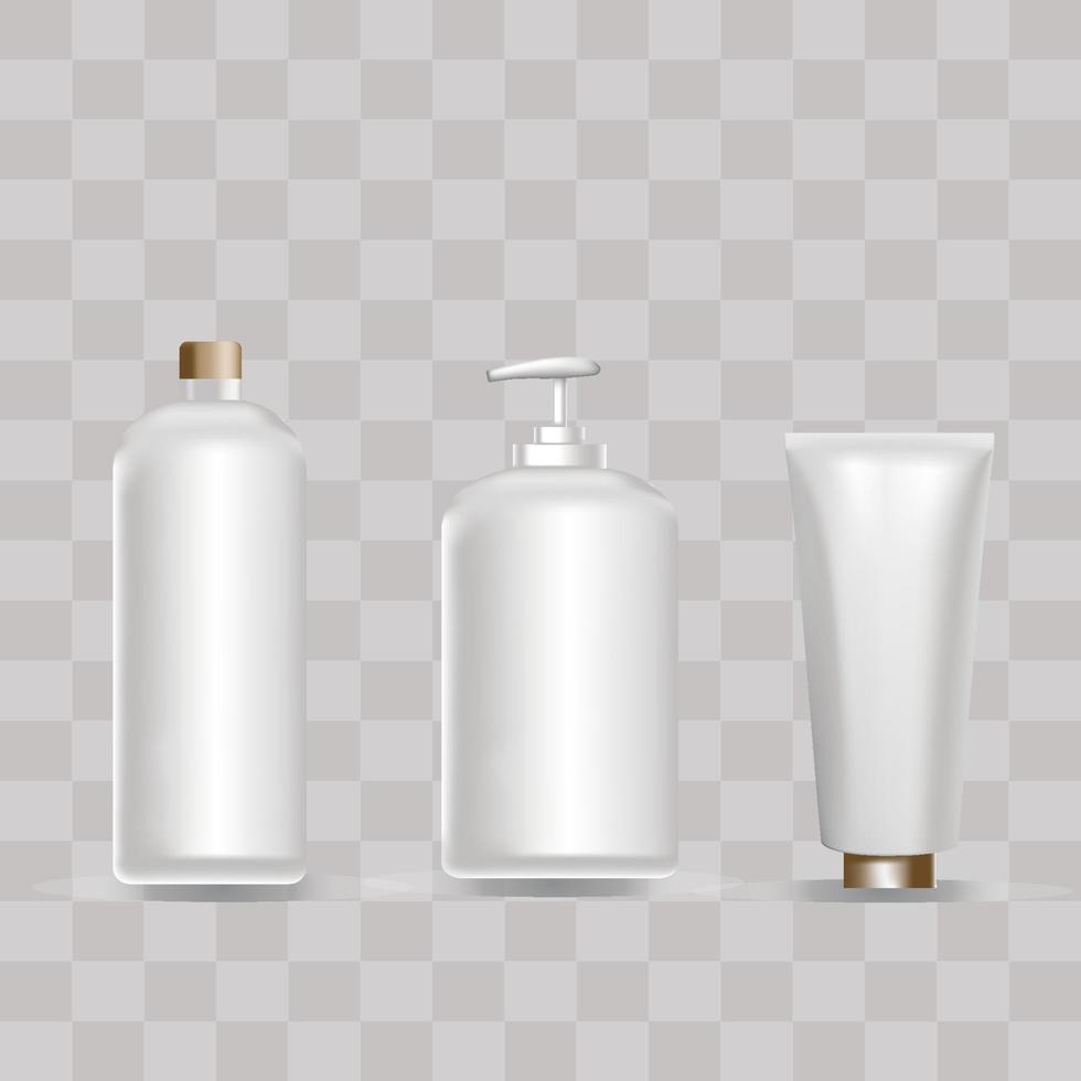 un set di bottiglie di plastica bianche per prodotti sanitari e cosmetici. per mock up. illustrazione vettoriale realistica