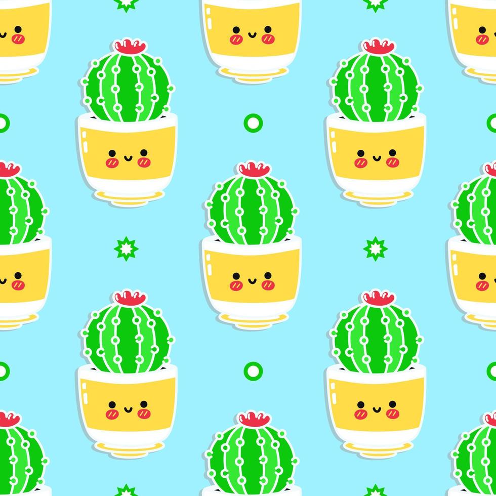 personaggi divertenti carino felice cactus senza cuciture. illustrazione di stile cartone animato linea kawaii vettoriale. simpatico motivo a cactus vettore