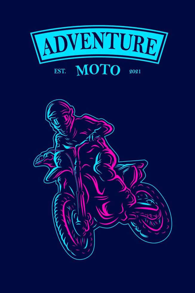 linea di motociclisti da cross. logo pop art. design colorato con sfondo scuro. illustrazione vettoriale astratta. sfondo nero isolato per t-shirt, poster, abbigliamento, merchandising, abbigliamento, design distintivo