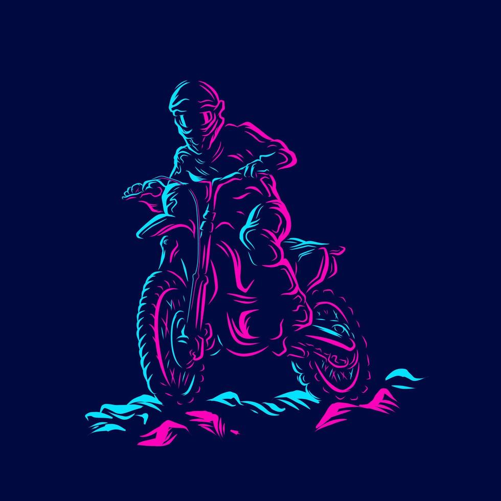 linea di motociclisti da cross. logo pop art. design colorato con sfondo scuro. illustrazione vettoriale astratta. sfondo nero isolato per t-shirt, poster, abbigliamento, merchandising, abbigliamento, design distintivo