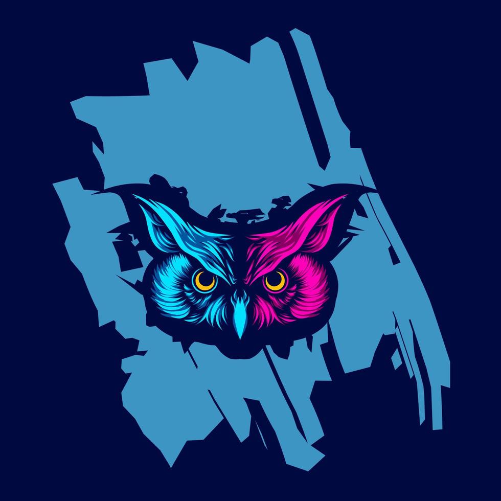 gufo uccello notte predatore linea pop art ritratto logo design colorato con sfondo scuro. illustrazione vettoriale astratta. sfondo nero isolato per t-shirt, poster, abbigliamento, merchandising, abbigliamento