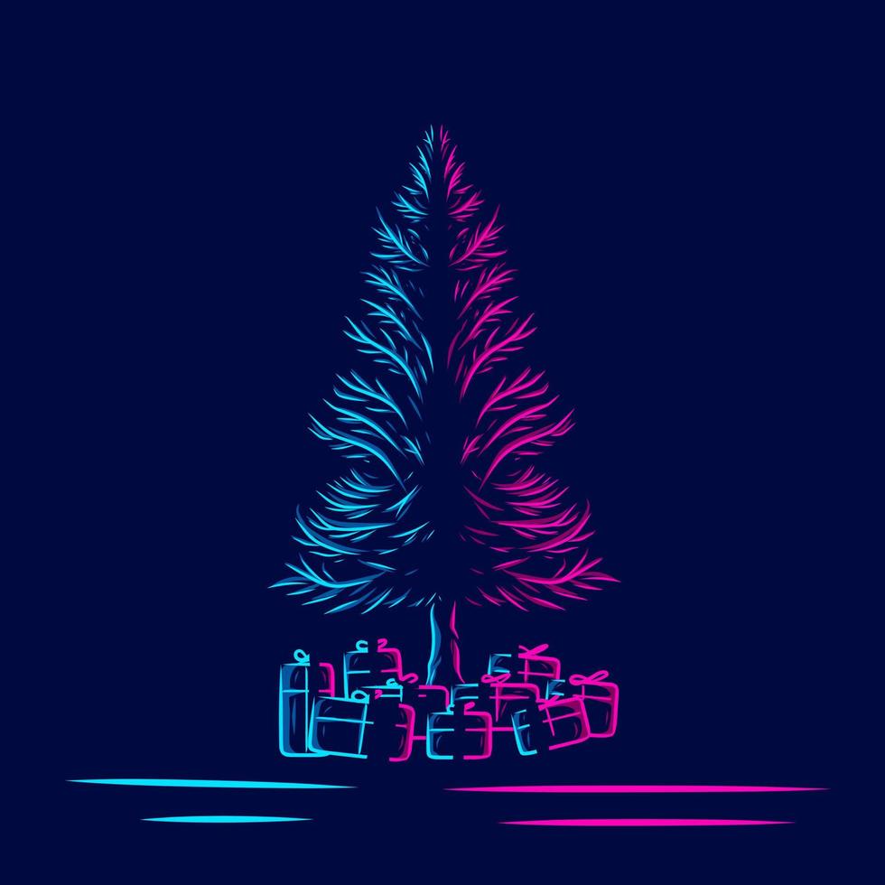 albero di pino sulla linea del logo di natale ritratto pop art design colorato con sfondo scuro. illustrazione vettoriale astratta.