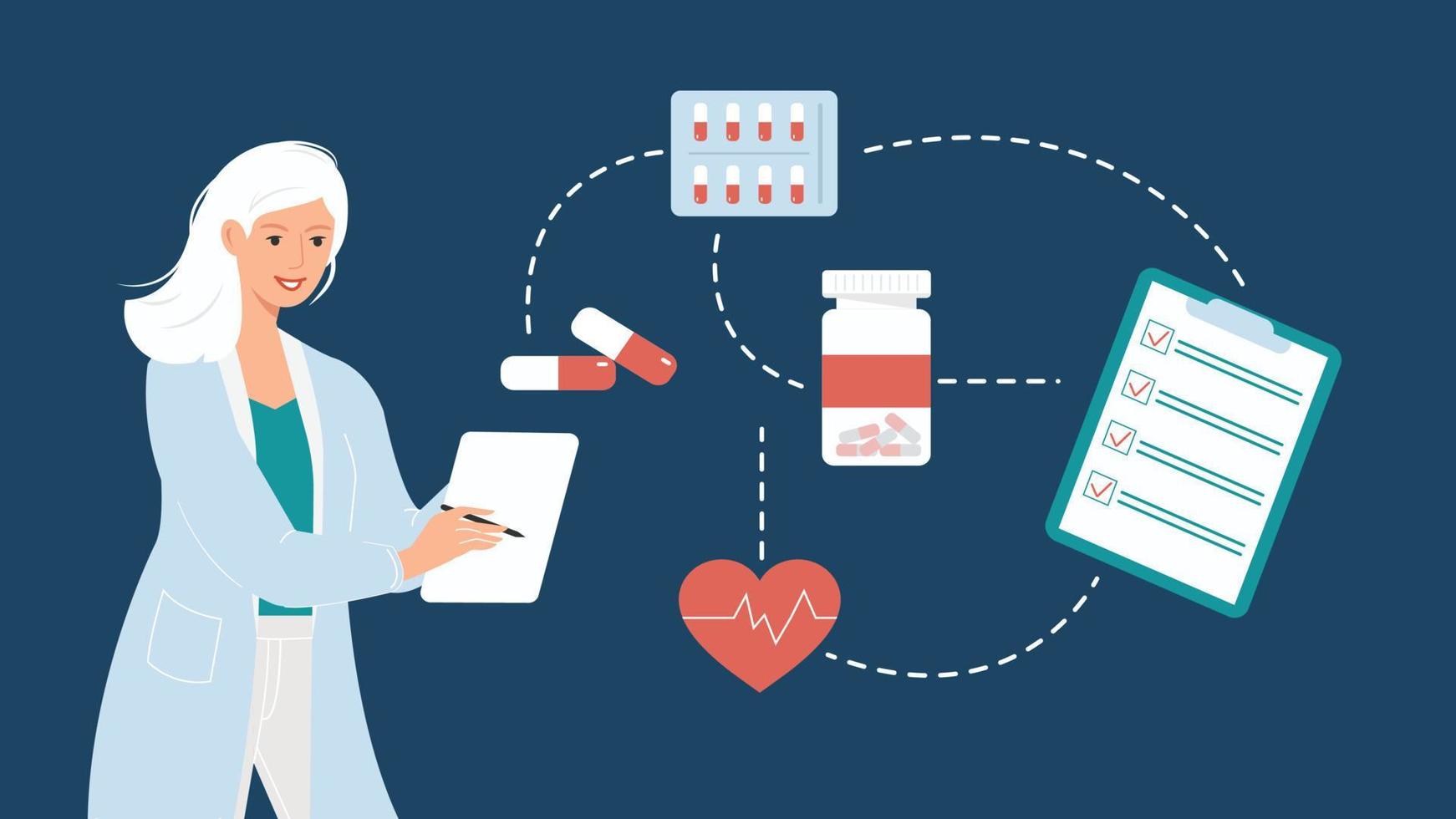 il medico della donna prescrive il trattamento. illustrazione con carattere, medicinali. astrazione. vettore