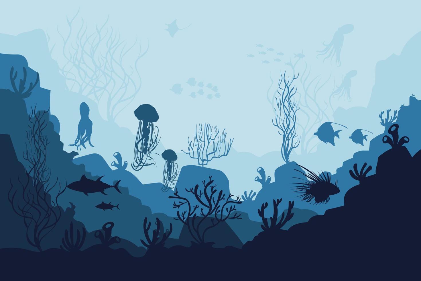 sfondo dell'oceano sottomarino. sagome nere che nuotano pesci di mare con coralli e piante vettoriali. vettore