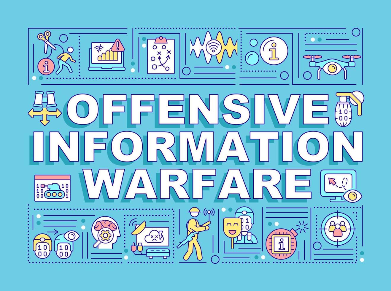 informazioni offensive guerra concetti di parole banner turchese. infografica con icone su sfondo colorato. tipografia isolata. illustrazione vettoriale con testo.