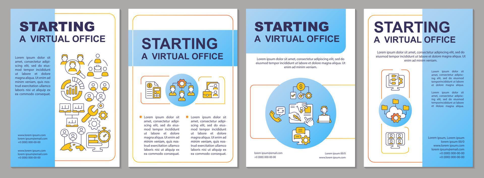 modi per avviare il modello di brochure blu dell'ufficio virtuale. lavorare in linea. design volantino con icone lineari. 4 layout vettoriali per la presentazione, relazioni annuali.