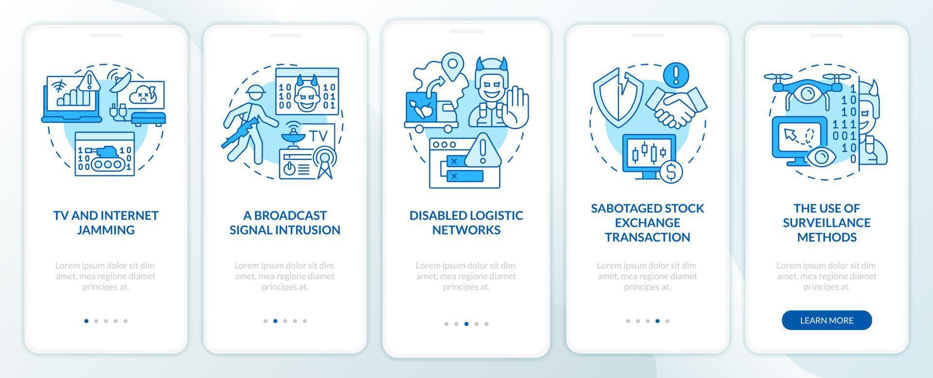 forme di guerra delle informazioni blu onboarding schermo dell'app mobile. procedura dettagliata 5 passaggi pagine di istruzioni grafiche con concetti lineari. ui, ux, modello gui. vettore