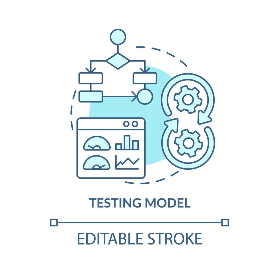 icona del concetto turchese del modello di test. fase di risoluzione dei problemi nell'illustrazione della linea sottile dell'idea astratta di apprendimento automatico. disegno di contorno isolato. tratto modificabile. vettore