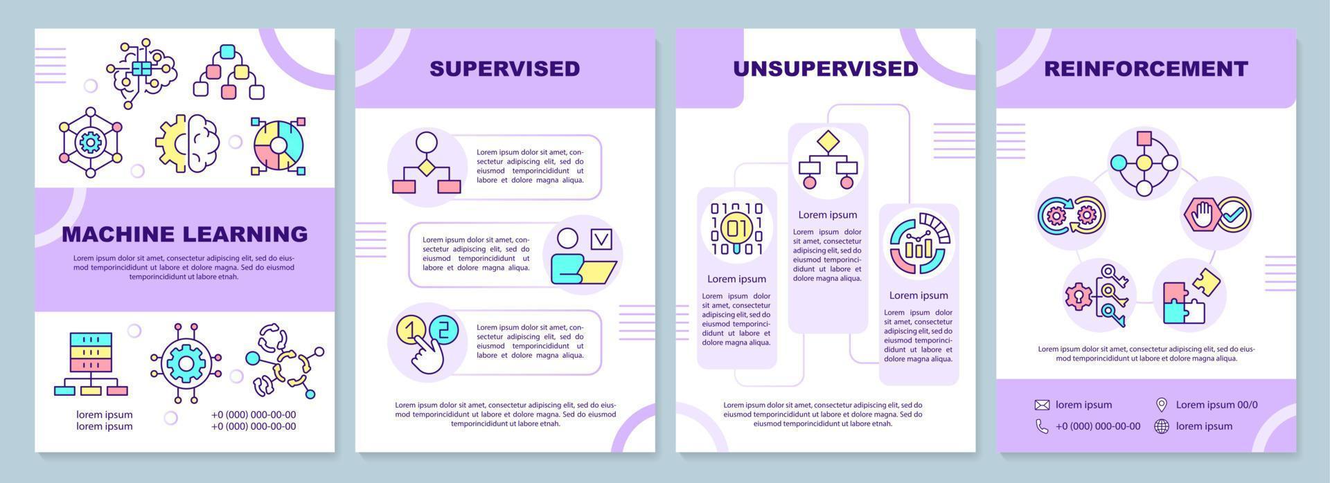 modello di brochure per categorie di apprendimento automatico. elaborazione dati. design volantino con icone lineari. 4 layout vettoriali per la presentazione, relazioni annuali.