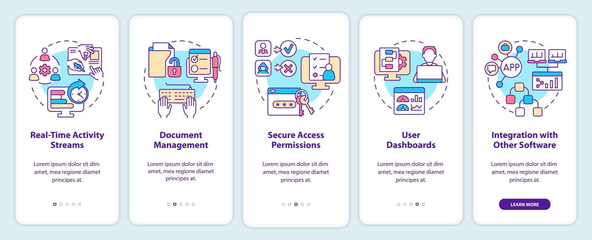 caratteristiche della schermata dell'app mobile per l'onboarding dell'ufficio online. procedura dettagliata sul posto di lavoro remoto 5 passaggi pagine di istruzioni grafiche con concetti lineari. ui, ux, modello gui. vettore