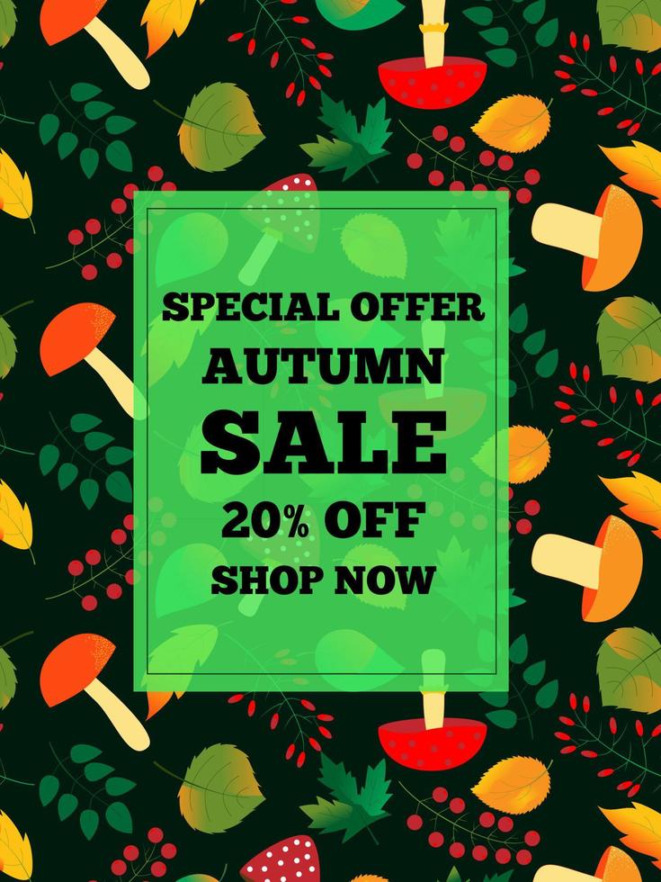 banner di testo di vendita autunnale per promozioni o sconti per lo shopping. modello senza cuciture di funghi commestibili e non commestibili, bacche su un ramo e foglie autunnali su sfondo verde. perfetto per volantino, web, menu vettore