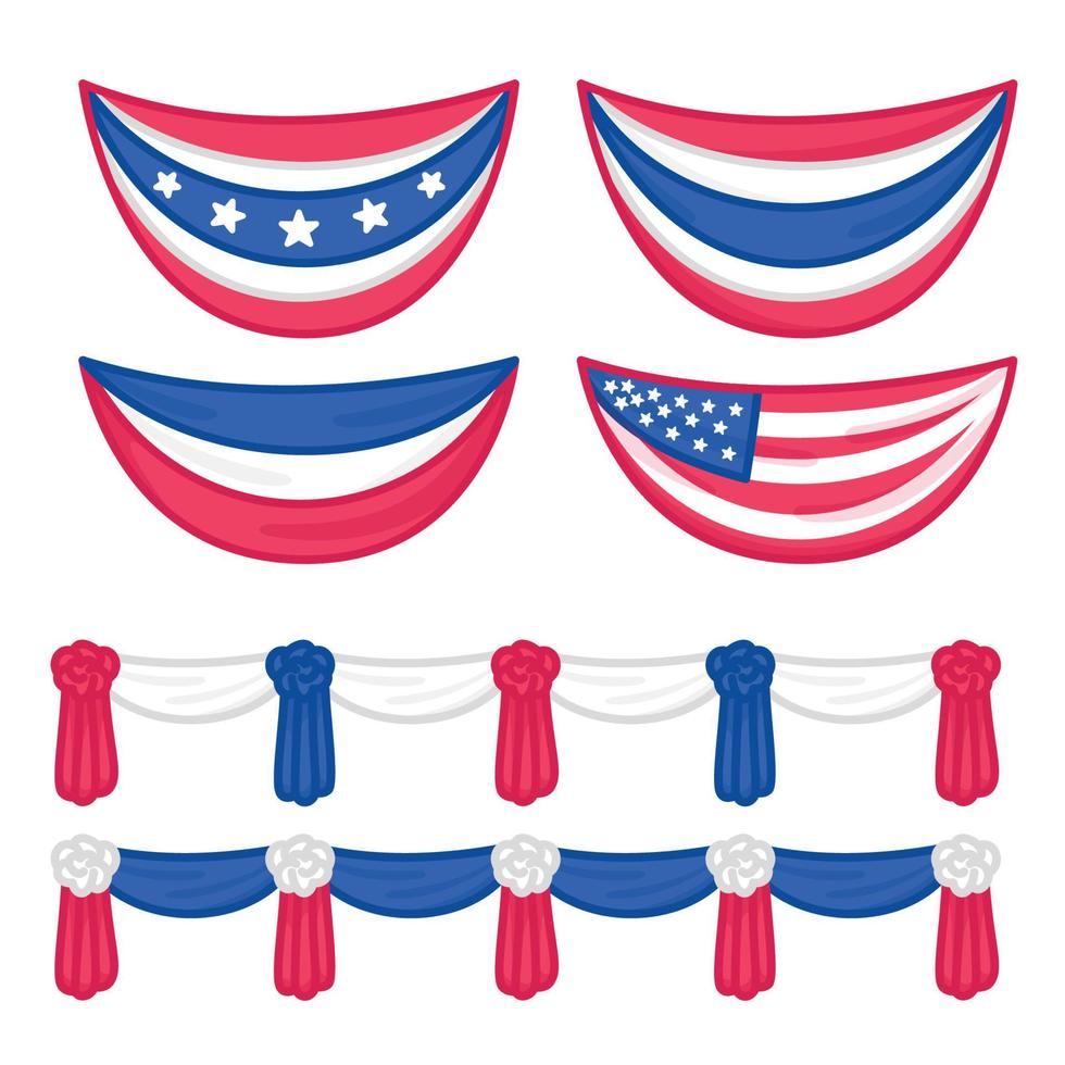 decorazione scenica con tende o tendaggi in velluto di seta bandiera per celebrare il giorno dell'indipendenza americana o un'illustrazione vettoriale piatta con doodle kawaii commemorativo