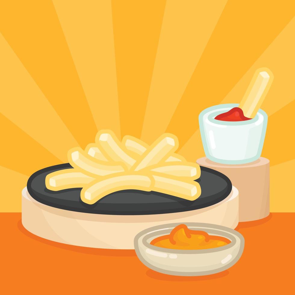 patatine fritte con ketchup e salsa chili kawaii doodle piatto illustrazione vettoriale icona moderno 3d minimo sfondo