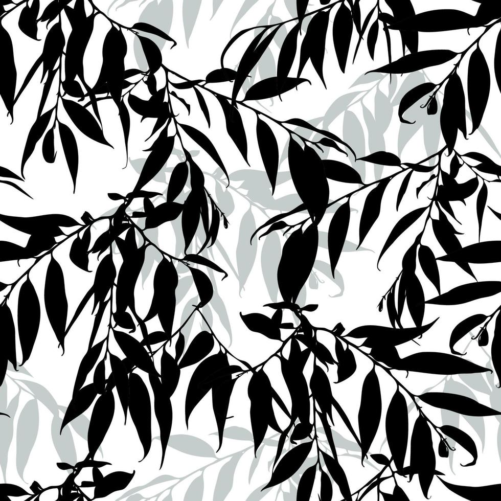 modello senza cuciture carino monocromatico con rametti di salice. sfondo di foglie in bianco e nero. illustrazione vettoriale. vettore