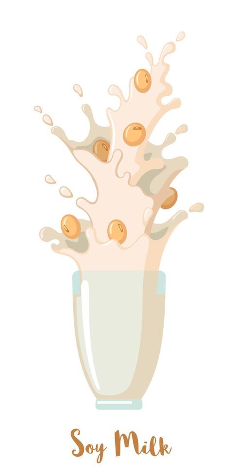 icona di latte di soia in stile piano isolato su priorità bassa bianca. fagioli di soia nel latte spruzzato. bevanda salutare. illustrazione vettoriale