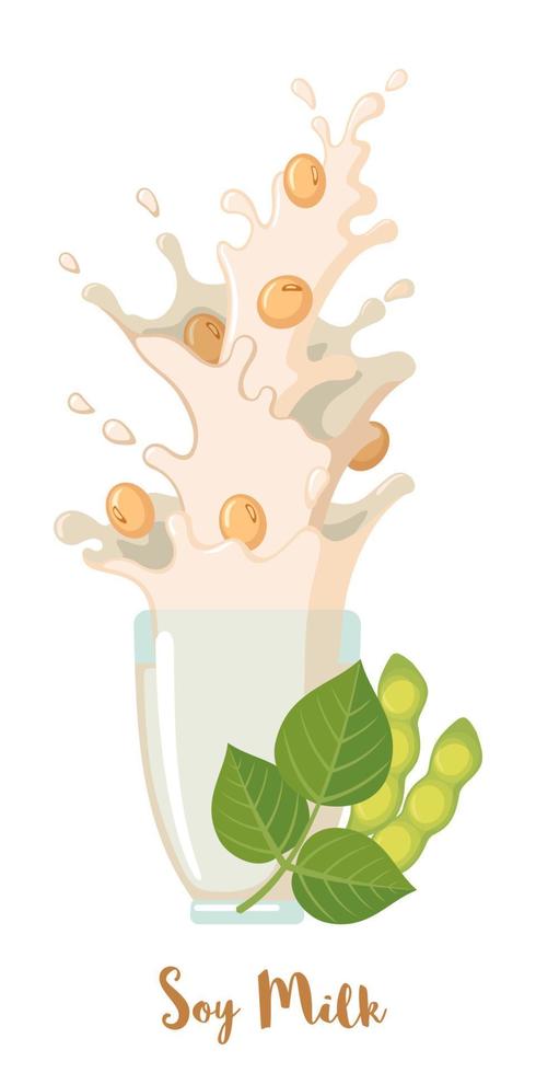 icona di latte di soia in stile piano isolato su priorità bassa bianca. fagioli di soia nel latte spruzzato. bevanda salutare. illustrazione vettoriale