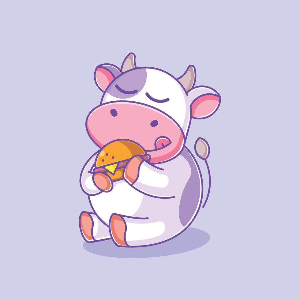 cartone animato carino mucca che mangia hamburger vettore