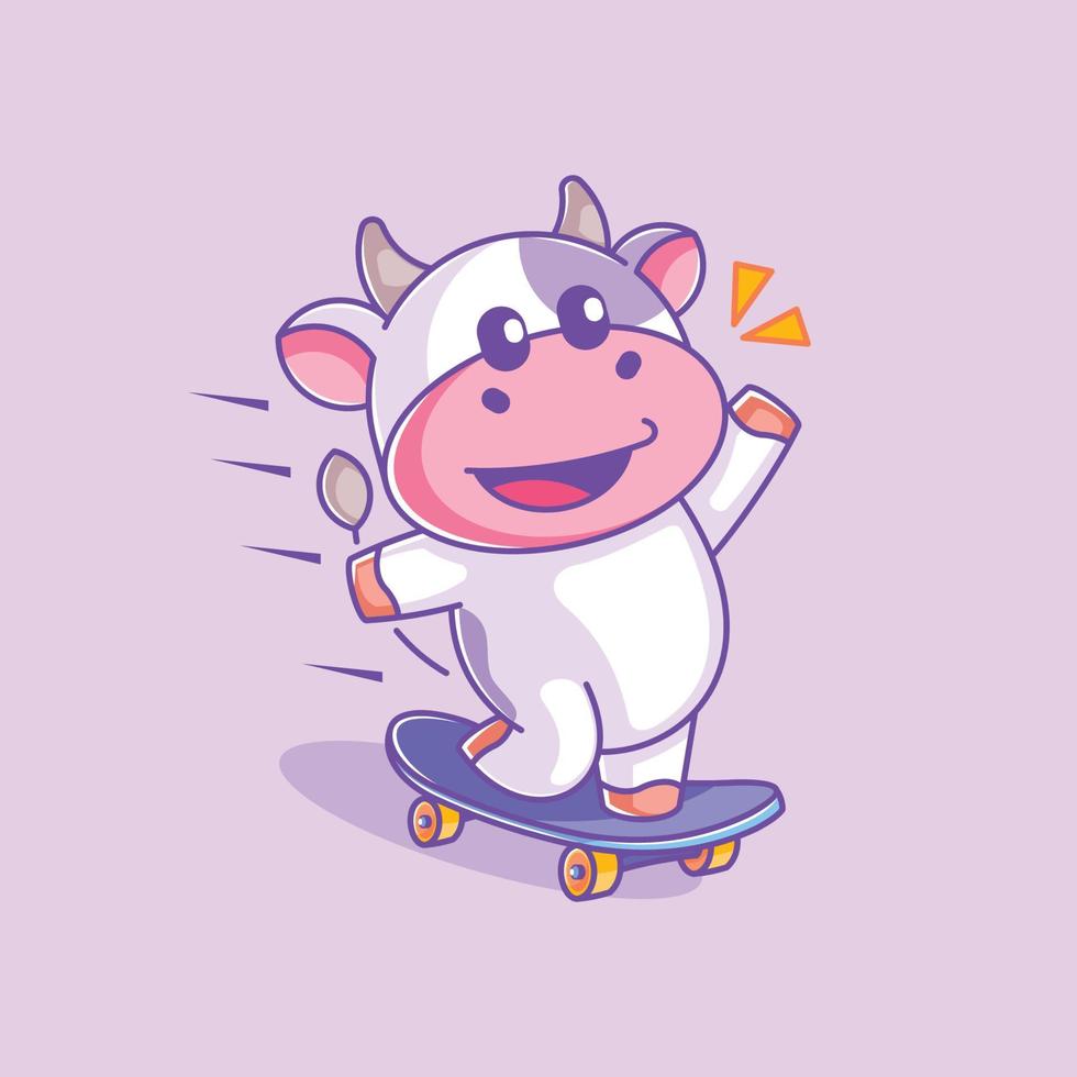 carino mucca che gioca a skateboard cartone animato vettore