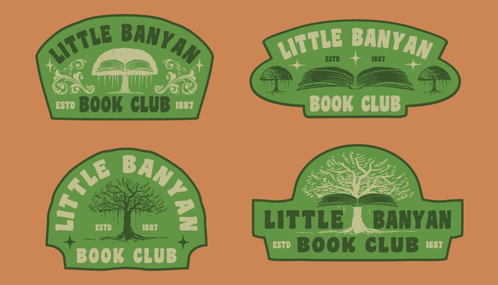 piccolo modello di logo disegnato a mano vintage del club del libro di banyan vettore