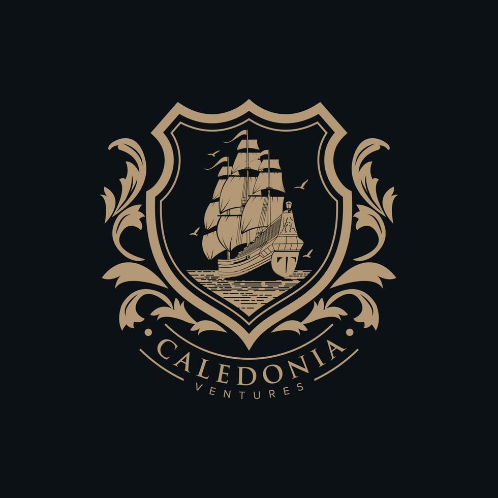 logo stemma nave modello classico di avventure di caledonia vettore